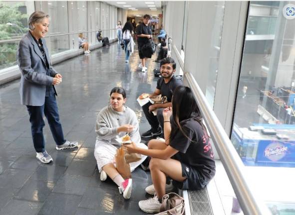 New Hunter College president Ann Kirschner mingles with students as new school year starts. Photo: Hunter College