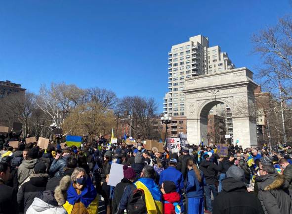 The crowd at Washington Square Park the afternoon of February 27, rallying in support of Ukraine.