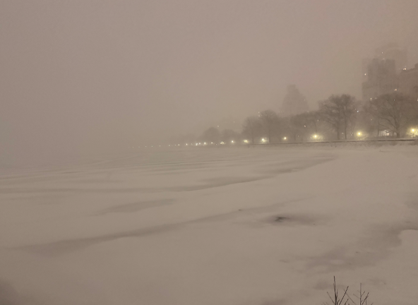 Jacqueline Kennedy Onassis Reservoir in Central Park is barely visible on the night of the blizzard on Feb. 22.