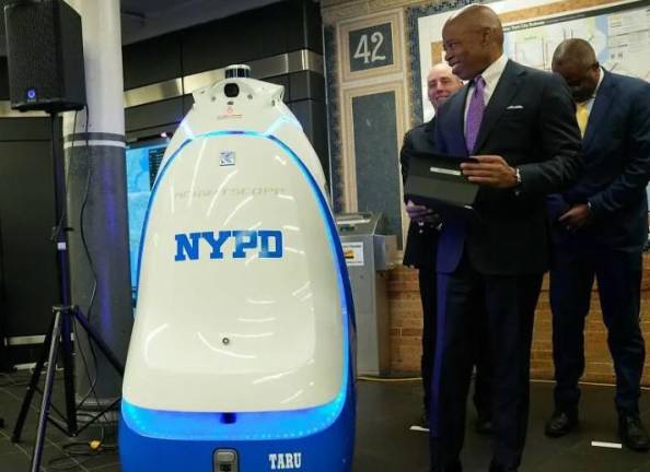 When Eric Adams rolled out the $12,500 robot cop in September, he said it represented the future of hi-tech policing. The experiment was quietly scrapped. Photo: NYC Mayor’s Photography Office and NYPD