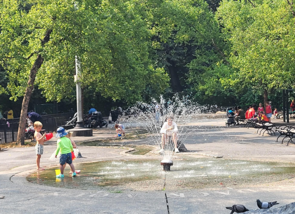 A view of the current “splash zone” and inbuilt-stream at River Run Playground, off W. 82nd St. The park was set to lose said river during a proposed overhaul, but community rage has forced the city to reverse course.