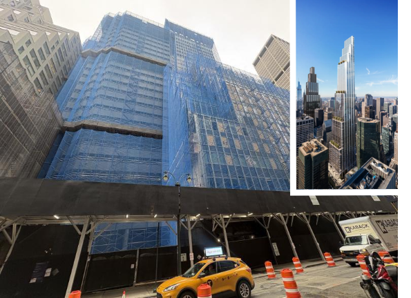 Half of the block cornered by Park Avenue and East 51st street is now covered in blue netting as demolition for 350 Park Avenue begins. Rendering of skyscraper inset.