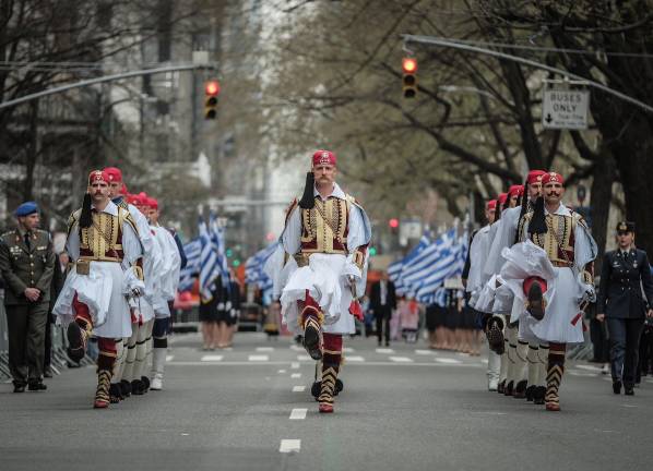 Marching up Fifth Avenue at the Greek Independence Day Parade, March 30.
