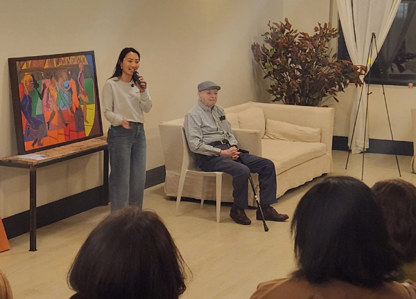 Artist Benjamin Feldshuh with Hera CEO Jenny Lee at the sold-out Sixth Floor showing on Feb. 19, 2026. It was a deubt shot for an 88 year-old modernist painter.