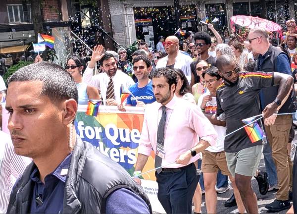 Mayor Mamdani at the NYC Pride March with staff, confetti and plainclothes cops.