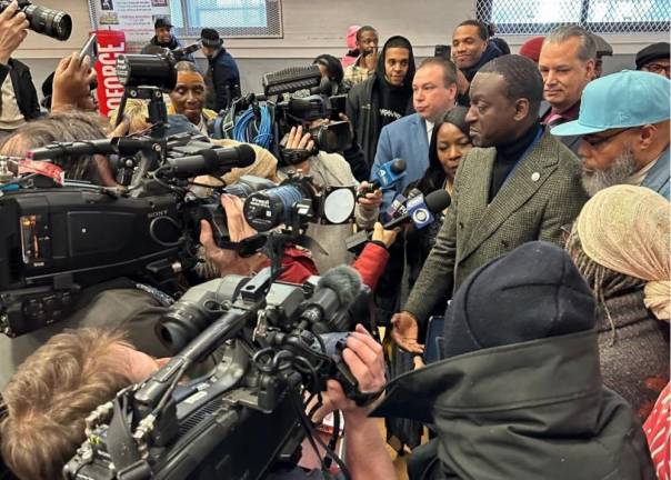 Yusef Salaam (at mic) has come out further on top in a Democratic primary’s ranked-choice runoff for a District 9 City Council seat. He is not predicted to face any serious competition for the Harlem position in the November general election.