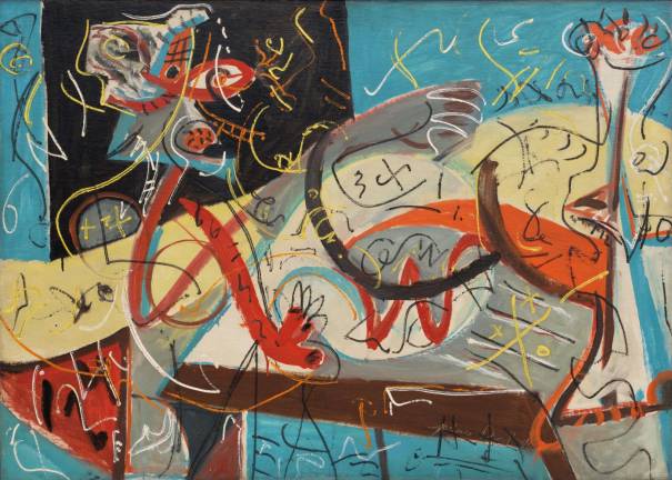 Jackson Pollock (American, 1912-1956). &quot;Stenographic Figure.&quot; c. 1942. Oil on linen, 40 x 56&#x201d; (101.6 x 142.2 cm). The Museum of Modern Art, New York. Mr. and Mrs. Walter Bareiss Fund, 1980 &#xa9; 2015 Pollock-Krasner Foundation / Artists Rights Society (ARS), New York