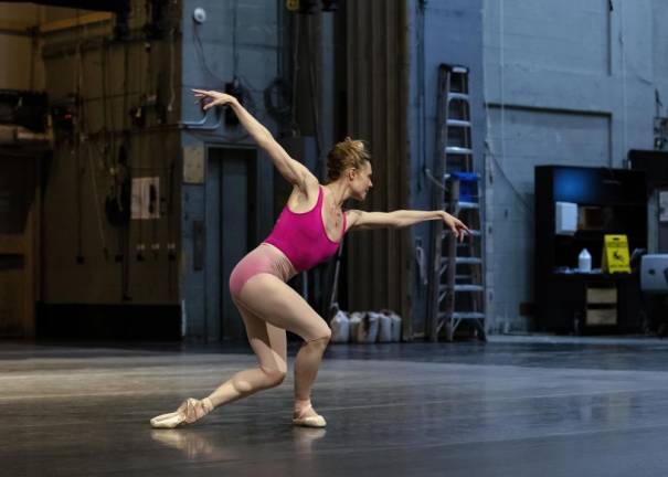 Sara Mearns rehearsing George Balanchine’s Stravinsky Violin Concerto onstage at the David H. Koch Theater this February. Photo: Erin Baiano