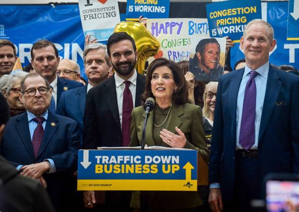 Governor Kathy Hochul, Mayor Zohran Mamdani, and MTA Chair &amp; CEO Janno Lieber attend a rally at McBurney YMCA on West 14th St. on January 5, 2026, to commemorate the one year anniversary of the implementation of Congestion Pricing.