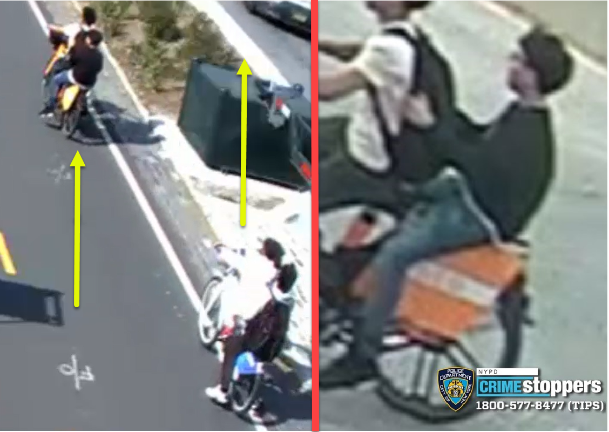 E-bike bandits, two per bike, in Hudson River Park, April 24, 2025.