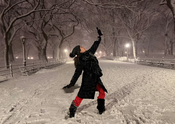 Heather Stein during blizzard on The Literary Walk in Central Park, evening of Sunday, Feb. 23.