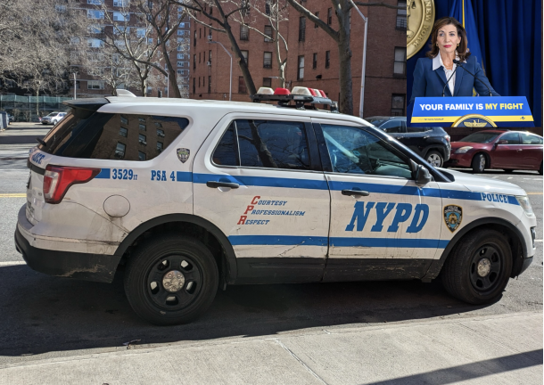 NYPD PSA 4 on the Lower East Side, Governor Kathy Hochul top right inset.