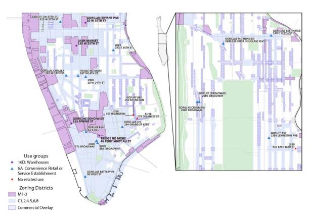 A map from December 2021, released by the office of then-Manhattan Borough President Gale Brewer in partnership with BetaNYC, shows delivery service company locations in Manhattan. Photo: Gale Brewer’s Office
