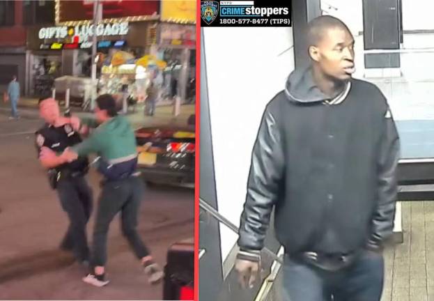 Left: Aaron Cuauhtemoc Domsky allegedly slugging cop. Right: wanted for punching train conductor.