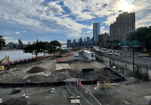 View of East River Park from temporary Corlears Bridge South over Pier 42, July 2022. Photo: Wendy E Brawer