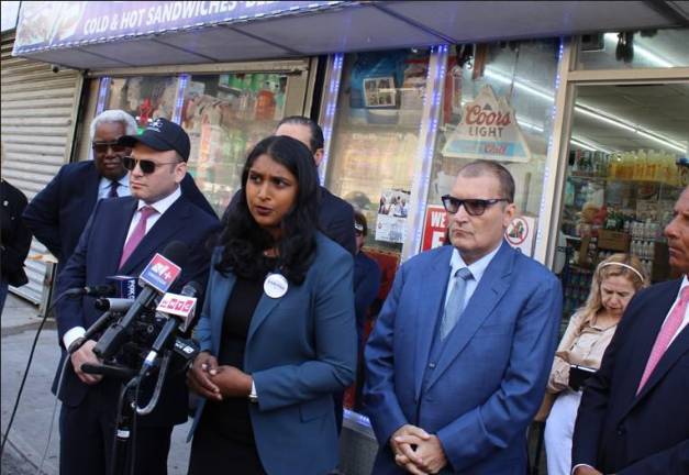 Saritha Komatireddy, who is running for NYS Attorney General, represented the Multicultural Business Coaltion, the National Association of State Latino Chambers of Commerce, and several other Latino business groups outside a deli on Aug. 27