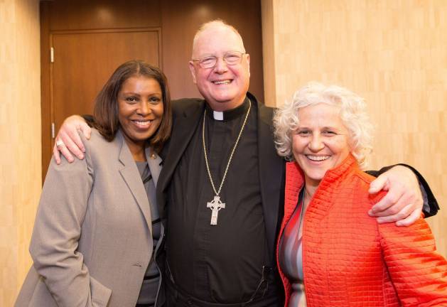 From left, Public Advocate Letitia James, Cardinal Timothy Dolan, and Straus News President Jeanne Straus