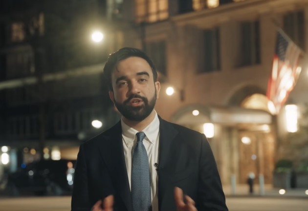A screengrab from Mamdani’s video, in which he stands in front of and gestures up at Ken Griffin’s penthouse while announcing his new pied-à-terre tax on luxury secondary homes.