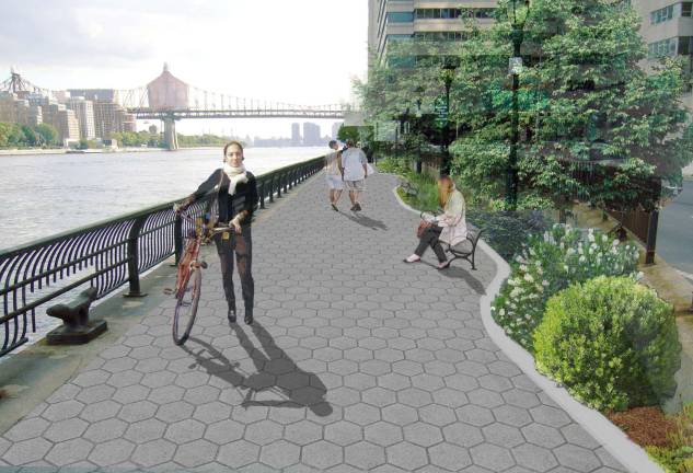 Rendering of proposed design for the East River esplanade, looking south from 72nd Street. Quennell Rothschild &amp; Partners, courtesy of Hospital for Special Surgery -