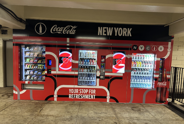 A newly-installed vending machine at the 2 Avenue (F train) subway station, one out of 26 total planned vending machines selling beverages and snacks to be introduced by MTA across the city.