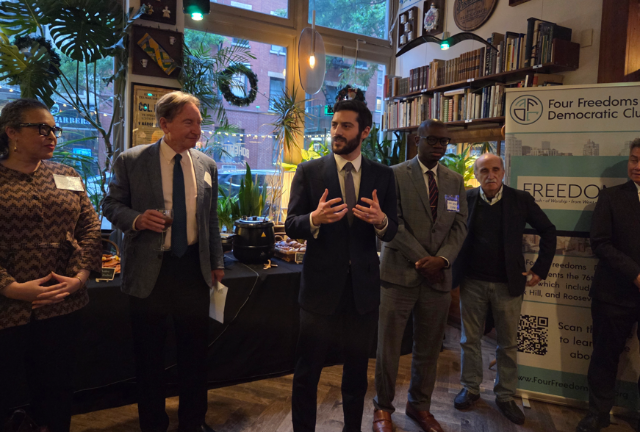 Assembly member Alex Bores (center) who is running for Congress, hob knobs at the Four Freedoms Democratic Club club president Jerry Ferguson (to the left) and others at the spring gala. The club previously endorsed Bores for Congress.
