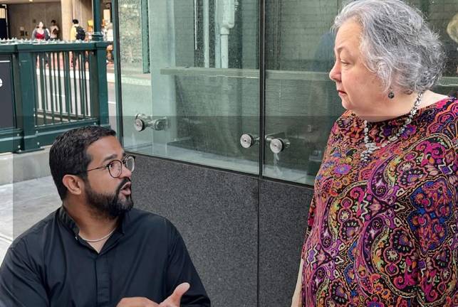 In front of the elevator for the 68th Street-Hunter College Station, MTA Chief Accessibility Officer Quemuel Arroyo talks mobility with State Senator Liz Krueger, whose East District has many who depend on step-free transit travel.
