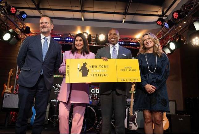 At the September kickoff announcing the return of the NY Comedy Festival (from l to r)NYC &amp; Company President Fred Dixon, Caroline Hirsch, Mayor Adams, Hard Rock Hotel Managing Director Karon Kopano (Photo: Ed Reed/Mayoral Photography Office)