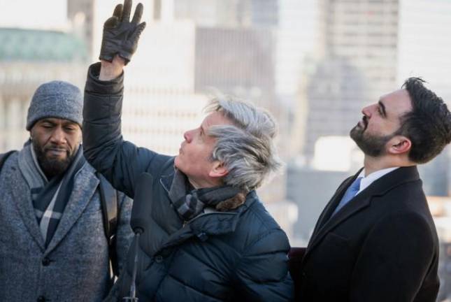 Look skyward! Atop the David N. Dinkins building (from left)” Public Advocate Jumaane Williams, Manhattan borough president Brad Hoylman-Sigal and Mayor Zohran Mamdani.