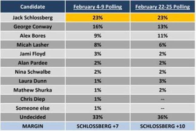 The poll conducted Feb. 22 to 25 shows Kennedy heir Jack Schlossberg the preferred candidate of 23 percent of the voters in the upcoming Democratic primary followed by Trump critic George Conway. The poll by Schoen Cooperman includes several candidates who have since dropped out of the race