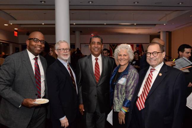 From left to right: NY1's Errol Louis, State Assembly Member Dick Gottfried, U.S. Rep. Adriano Espaillat, Jeanne Straus, U.S. Rep. Jerrold Nadler.