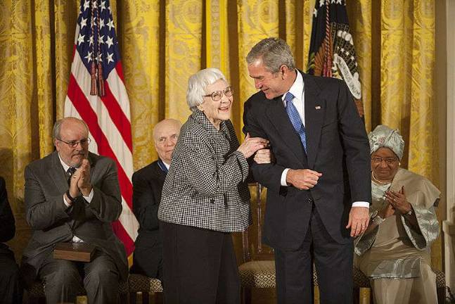 Harper Lee and President George W. Bush during the Presidential Medal of Freedom award ceremony in November 2007 at the White House. "’To Kill a Mockingbird’ has influenced the character of our country for the better. It's been a gift to the entire world. As a model of good writing and humane sensibility, this book will be read and studied forever," Bush said about Lee’s first novel. Photo: Eric Drape, the White House