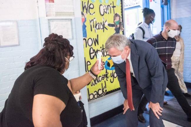 On September 29, 2020, Mayor Bill de Blasio got a temperature check at P.S. 188 The Island School as he welcomed students back to school. Photo: Michael Appleton/Mayoral Photography Office