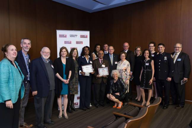 At the OTTYs (left to right): Manhattan Borough President Gale Brewer, David Getz, Nach Waxman, emcee Roma Torre, Alexis Gelber, Lula Mae Phillips, Susan Fales-Hill, Mohammad Hagiabucar, Commander Frank Tarello, Barry Schneider, Jeanne Straus, Judy Schneider, Dan Pollay, The Rev. Beverly Dempsey, Jody Scopa Goldman, Zil Goldstein, Officer Anthony Nuccio, John Winkleman. Photo: George Cade Photography