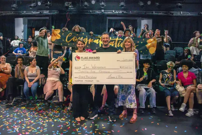 The winner of the 2025 FLAG award in Manhattan, teacher Ian Weissman poses with Risa Daniels (left) and Laura Twersky (right), Co-Presidents of The FLAG Foundation for Excellence in Education.