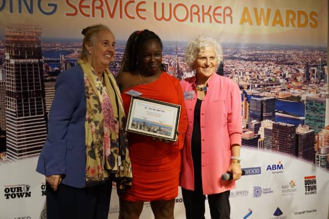 City Council Member Gale Brewer, Helping Hand Awardee Tammy Murray, and Straus News Publisher Jeanne Straus.