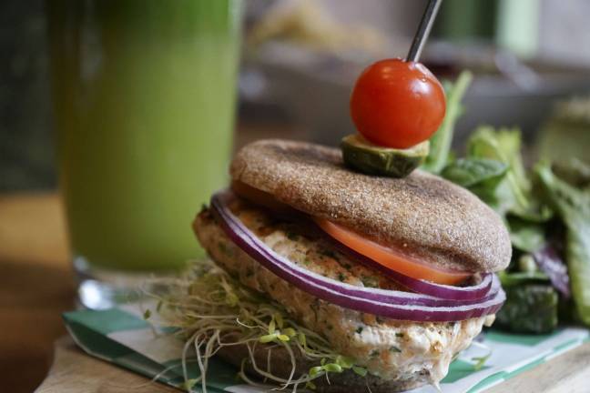 A refreshing salmon burger at Ellary’s Greens.