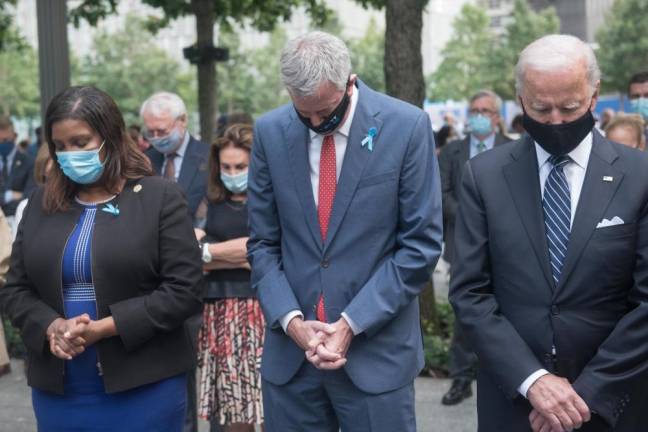 Mayor Bill de Blasio, former Vice President Joe Biden and NY Attorney General Letitia James observe the 19th anniversary of the 9/11 terrorist attacks at the National September 11 Memorial &amp; Museum on Friday, September 11, 2020. Photo: Michael Appleton/Mayoral Photography Office