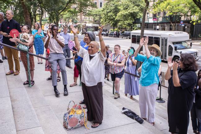 Supporters enjoying music and speeches at the campaign launch on the steps of St. John the Divine on July 1.