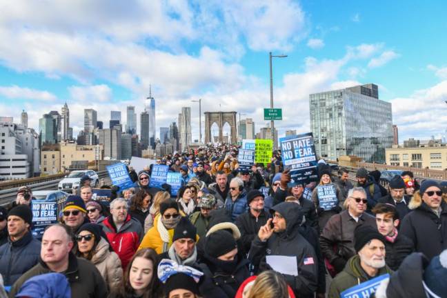Mayor Bill de Blasio and other New York politicians joined thousands of participants in the March Against Anti-Semitism on the Brooklyn Bridge on Sunday, January 5, 2020.
