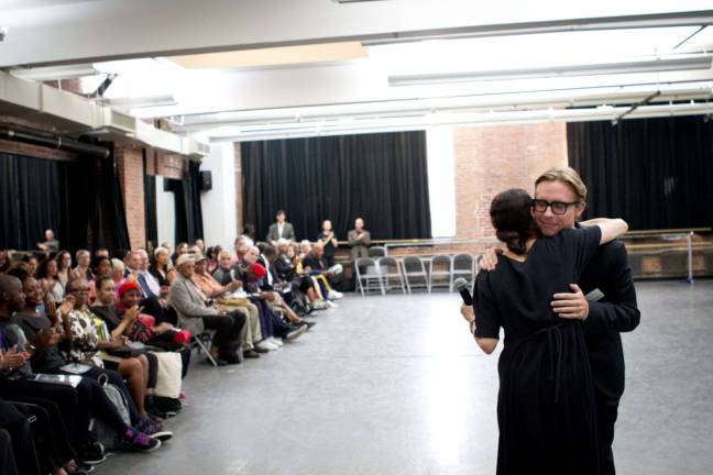 Lane Harwell, executive director of Dance/NYC embraces, Carla Maxwell,&#xa0;Lim&#xf3;n's&#xa0;artistic director at the Dance Theatre of Harlem open house held last month to welcome the&#xa0;Jos&#xe9; Lim&#xf3;n&#xa0;&#xa0;Dance&#xa0;Foundation and Company into the community. Photo: Samantha L. Lawton