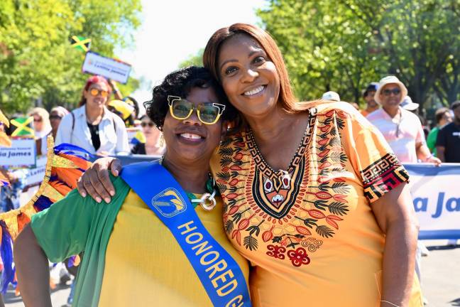 New York AG Letitia James and Bronx DA Darcel Clarke at 2026 West Indian Day Parade in Brooklyn.
