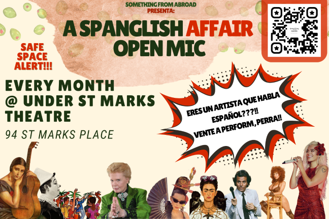 Flyer for the open mic of the Spanglish Affair Open Mic.