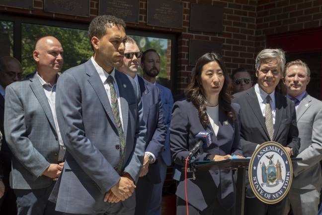 Assembly Member Grace Lee speaking at a press conference announcing $2 million from state budget to support health research for first responders following exposure to 9/11-related diseases. Pictured are also Manhattan Borough President Brad Hoylman-Sigal, Dr. Amit Verma, Dr. David Prezant, Tammy Meltzer, and Jim Brosi.