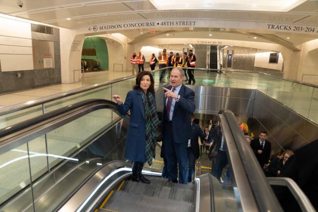 Governor Kathy Hochul and MTA Chair and CEO Janno Lieber, here at the inaugural train run into the LIRR’s Grand Central Madison in January, are said to be at odds over a plan being pushed by Lieber’s MTA predecessor Pat Foye who now heads the North American operations of construction company ASTM. Photo: Office of Gov. Hochul