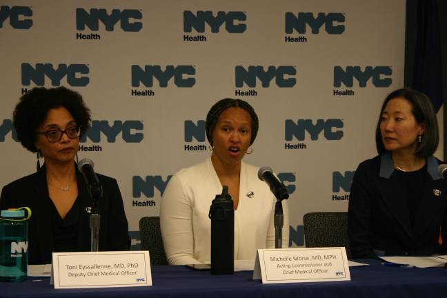 Michelle Morse (center) acting City Health Commissioner is still urging people to get vaccinated. While flu cases declined slightly the past two weeks, there have been over 128.000 hospitalized with flu this season. And the flu season will stretch into May.