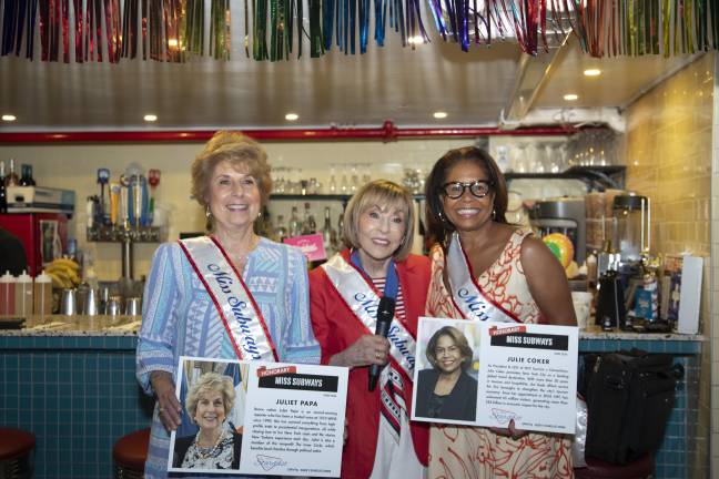 Ellen Hart posing with Juliet Papa, Reporter at 1010 WINS, (left) and Julie Coker, President and CEO of NYC Tourism and Conventions (right). Papa and Coker received the Miss Subways Honorary sashes.