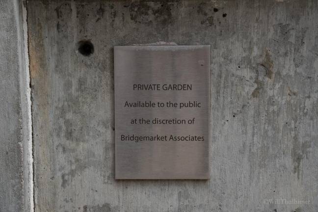 Two signs installed subtly on different sides of the garden's walls claimed the plaza to be private. Guastavino had the signs discreetly removed before an Aug. 28 press conference in which a class action lawsuit was unveiled against the party venue for co-opting the public space for private parties.