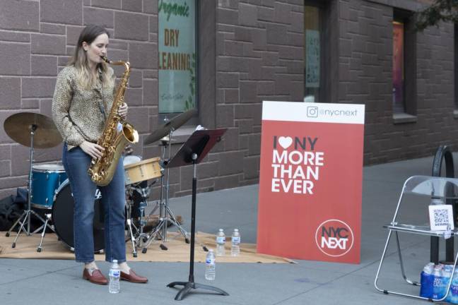Roxy Coss on tenor sax at #NYCNext event. Photo: Azita Panahpour