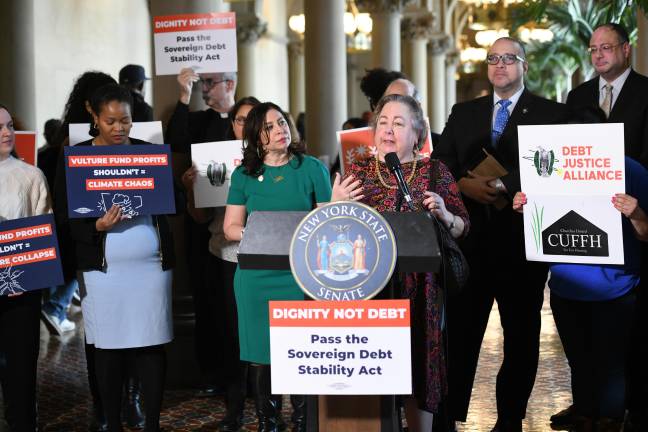 State Sen. Liz Krueger speaks at a press conference in March 2024.
