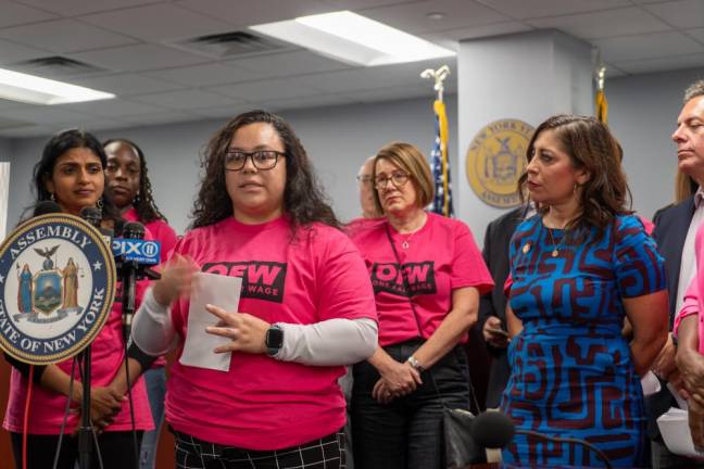 Berniece Garcia, a Queens-resident and restaurant worker speaking at the press conference on Oct.27, 2023. (Priyanka Rajput)